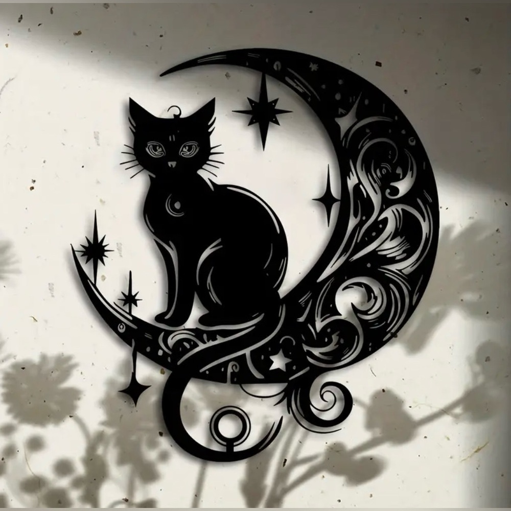 Art Deco Style Cat Sitting on the Moon 2D Flat Acrylic Wall Carving Gothic New - Picture 3 of 9